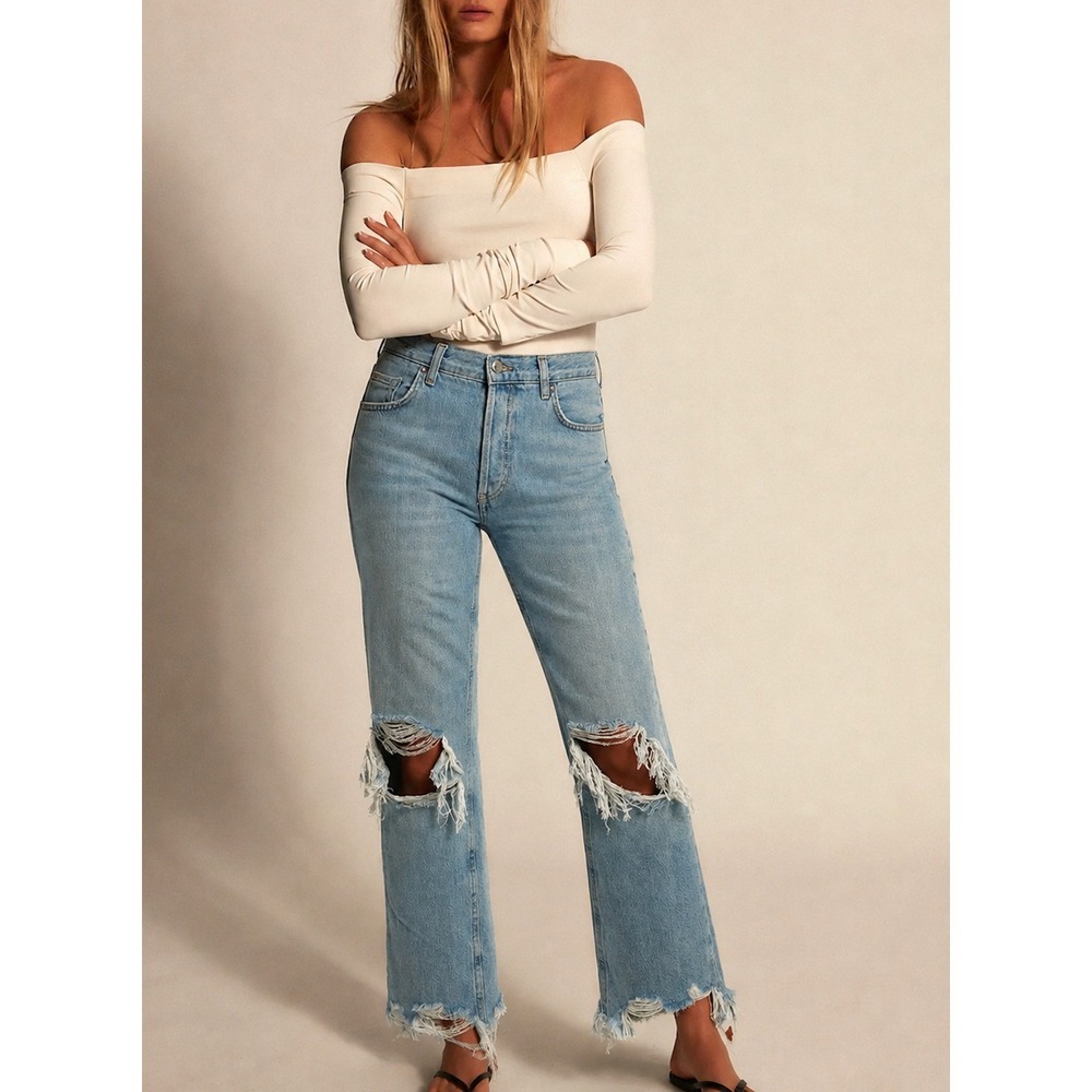 Free People We The Free Distressed Straight Leg Jeans Light Wash Blue Size 27